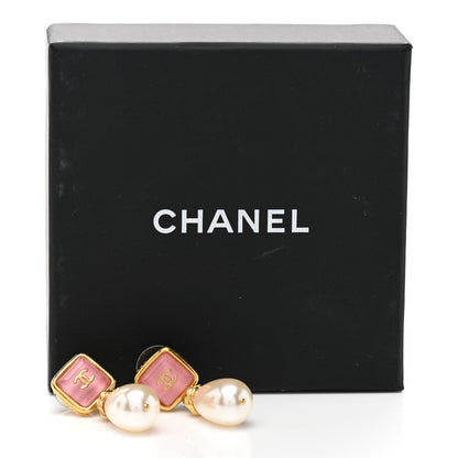 Chanel Pearl Enamel CC Square Drop Earrings Gold Pink 5 of 5