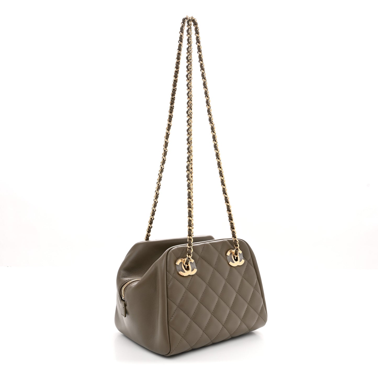 Lambskin Quilted Small CC Bowling Bag Dark Khaki