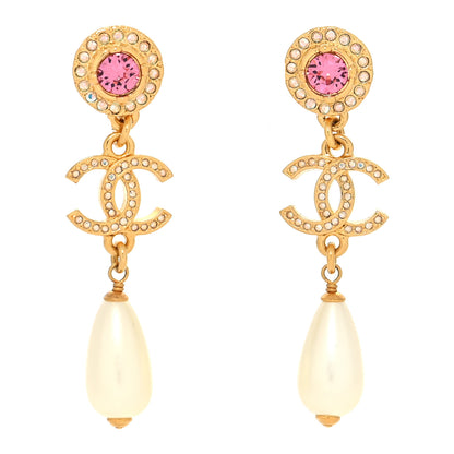 Chanel Metal Crystal Pearl CC Drop Earrings Gold Pink White 1 of 4
