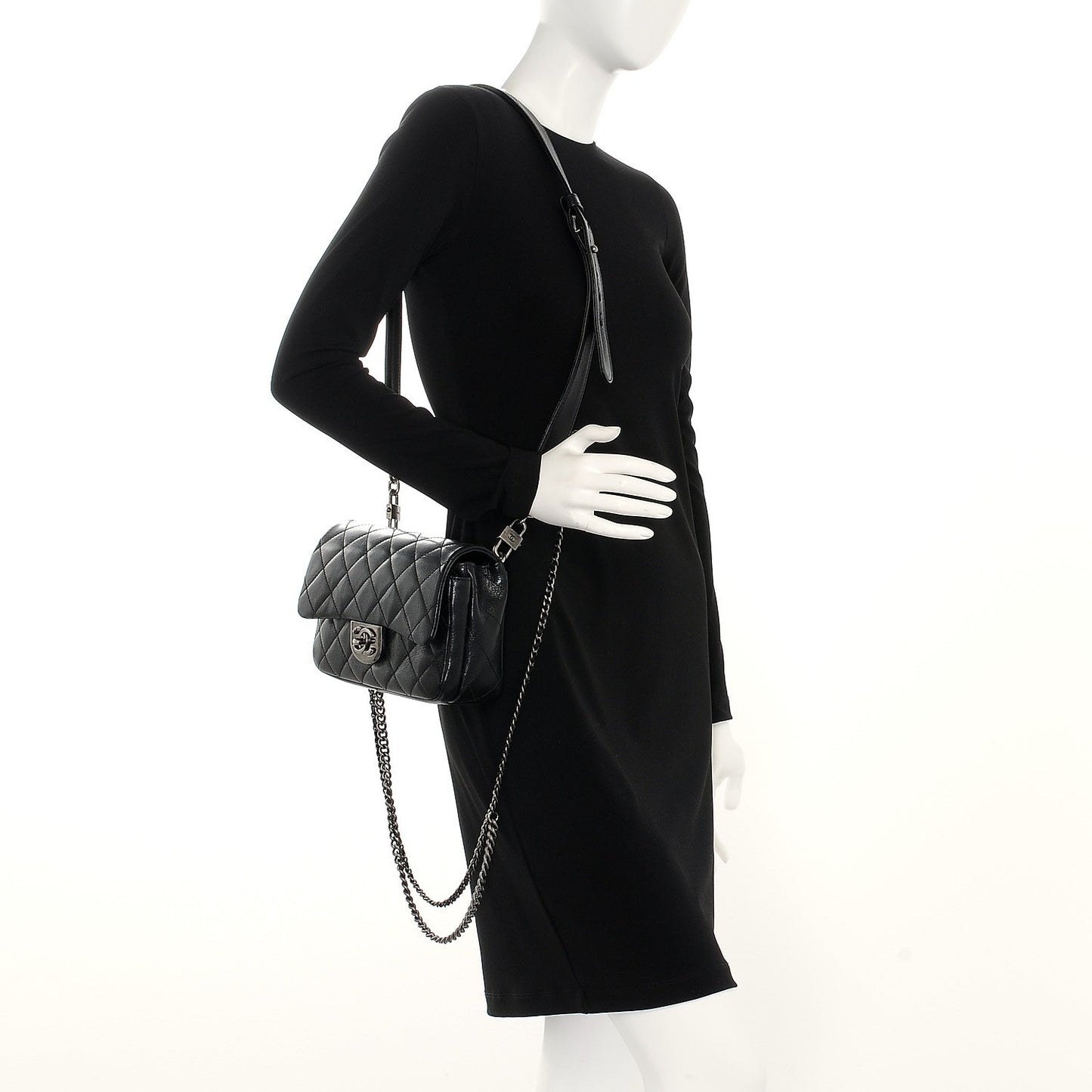 Shiny Goatskin Quilted Small Double Carry Waist Chain Flap Black