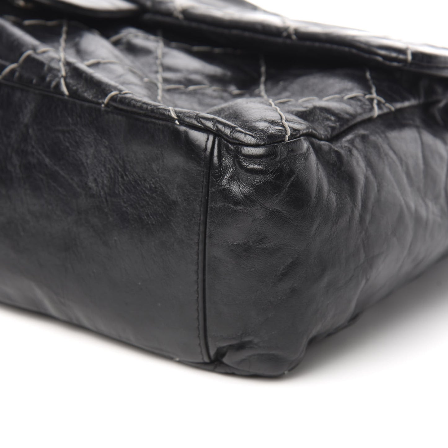 Glazed Goatskin Double Contrast Stitch Flap Black