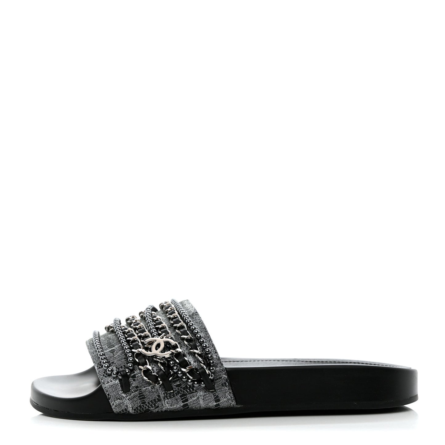 Fantasy Lambskin Chain Flat Sandals 37 Silver Black