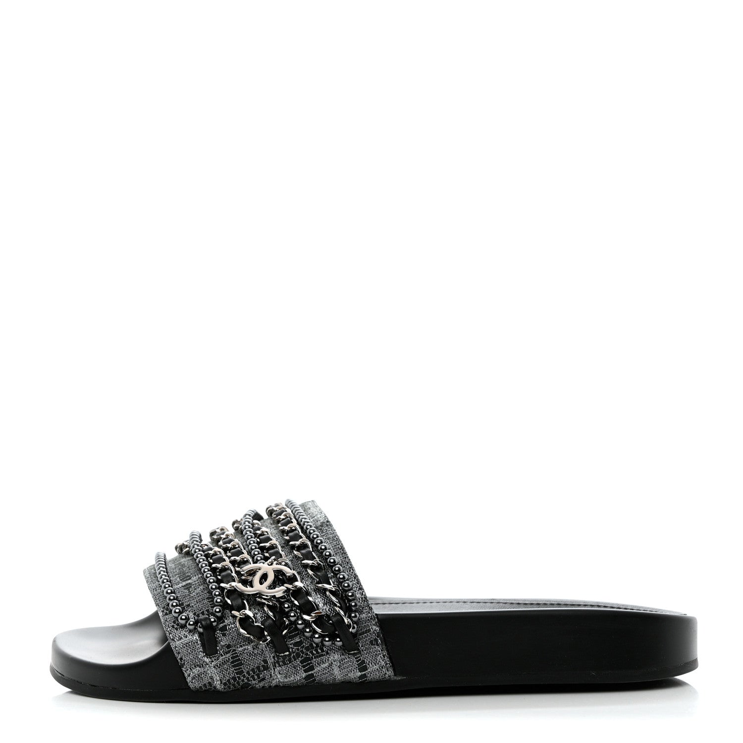 Chanel Fantasy Lambskin Chain Flat Sandals 37 Silver Black 1 of 10