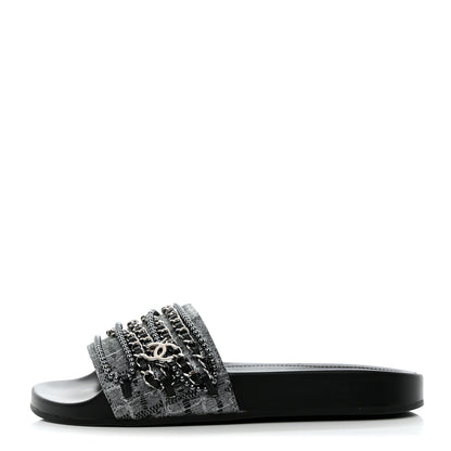 Chanel Fantasy Lambskin Chain Flat Sandals 37 Silver Black 1 of 10