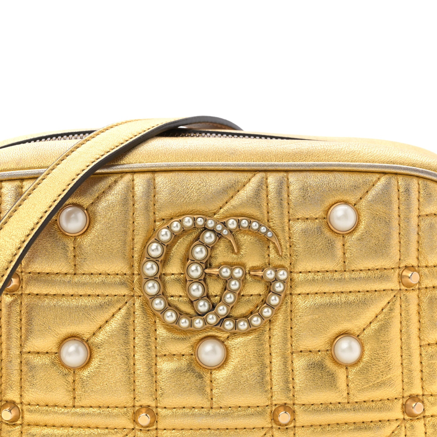 Gucci Metallic Calfskin Matelasse Studded Small Pearly GG Marmont Chain Shoulder Bag Gold 8 of 13