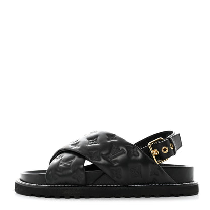 Louis Vuitton Lambskin Monogram Embossed Paseo Flat Comfort Sandals 40 Black 1 of 8