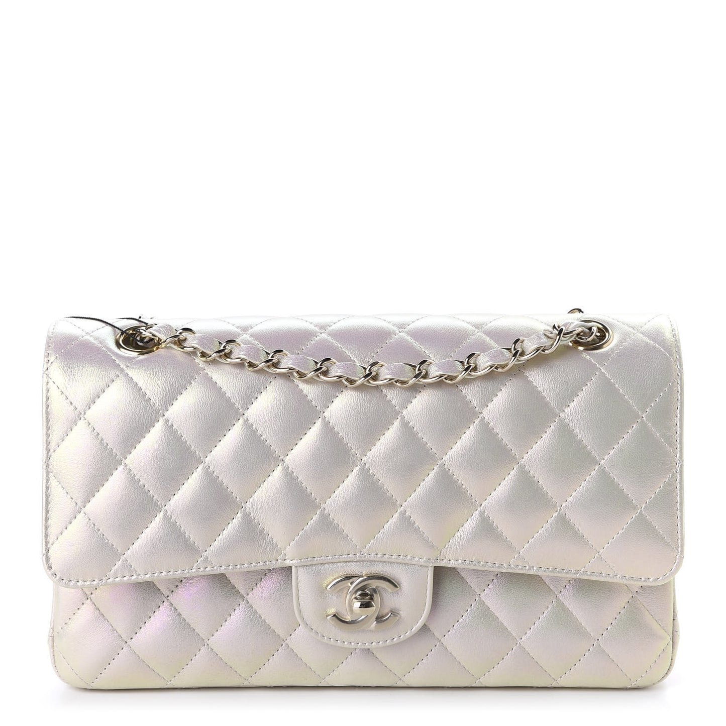 Iridescent Lambskin Quilted Medium Double Flap Ivory