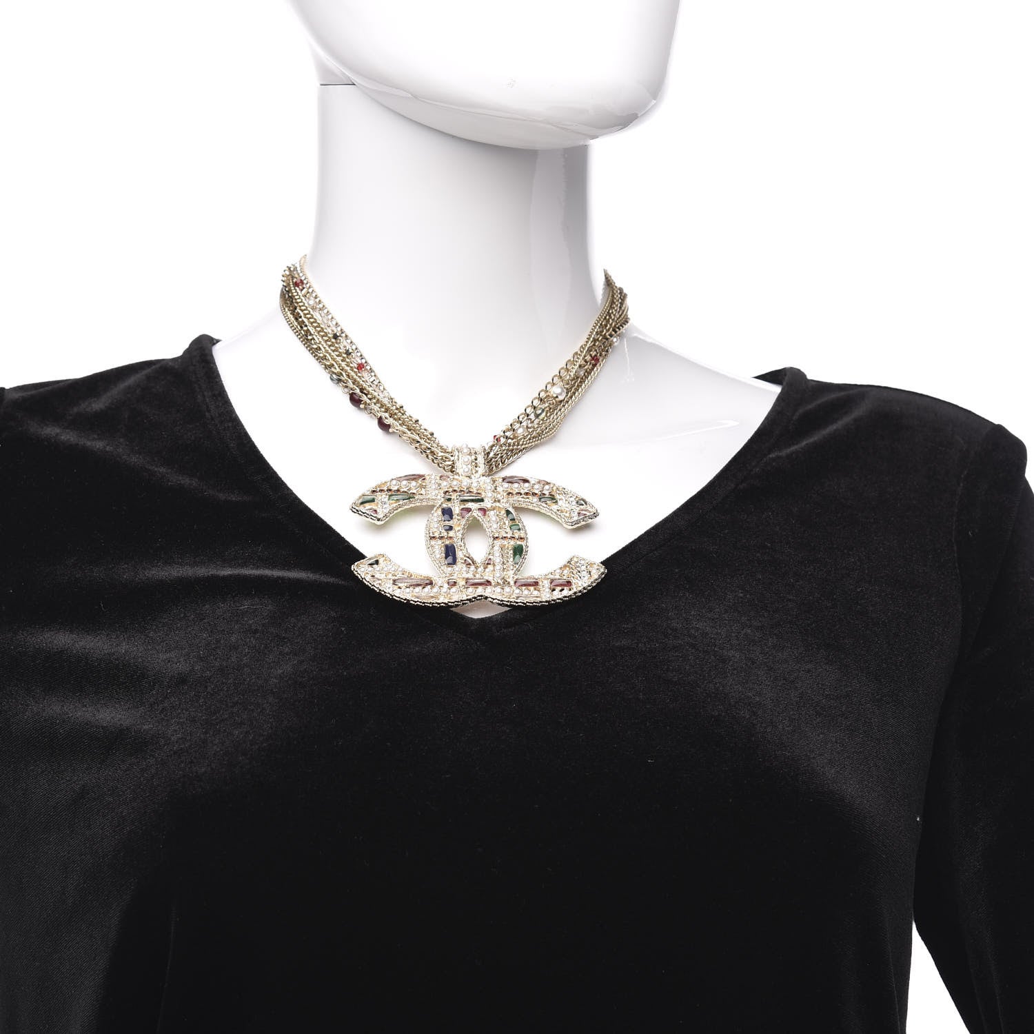 Chanel Pearl Large CC Pendant Necklace Gold Green Red 2 of 6
