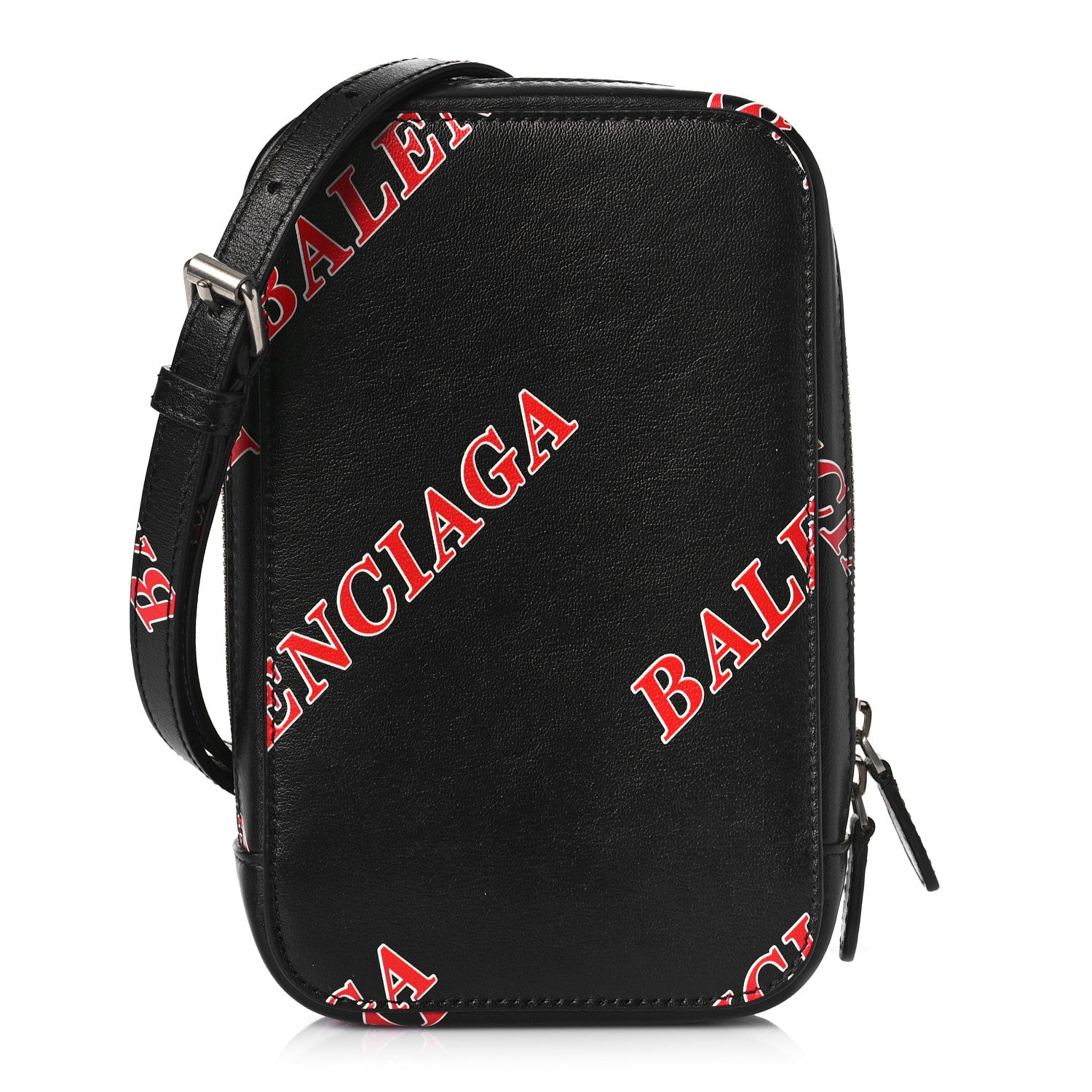 Balenciaga Calfskin Logo Print Cash Phone Holder Bag Black Red 1 of 9