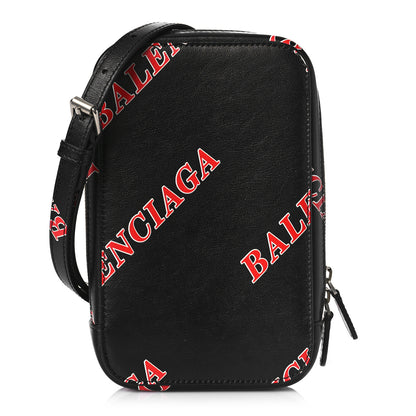 Balenciaga Calfskin Logo Print Cash Phone Holder Bag Black Red 1 of 9