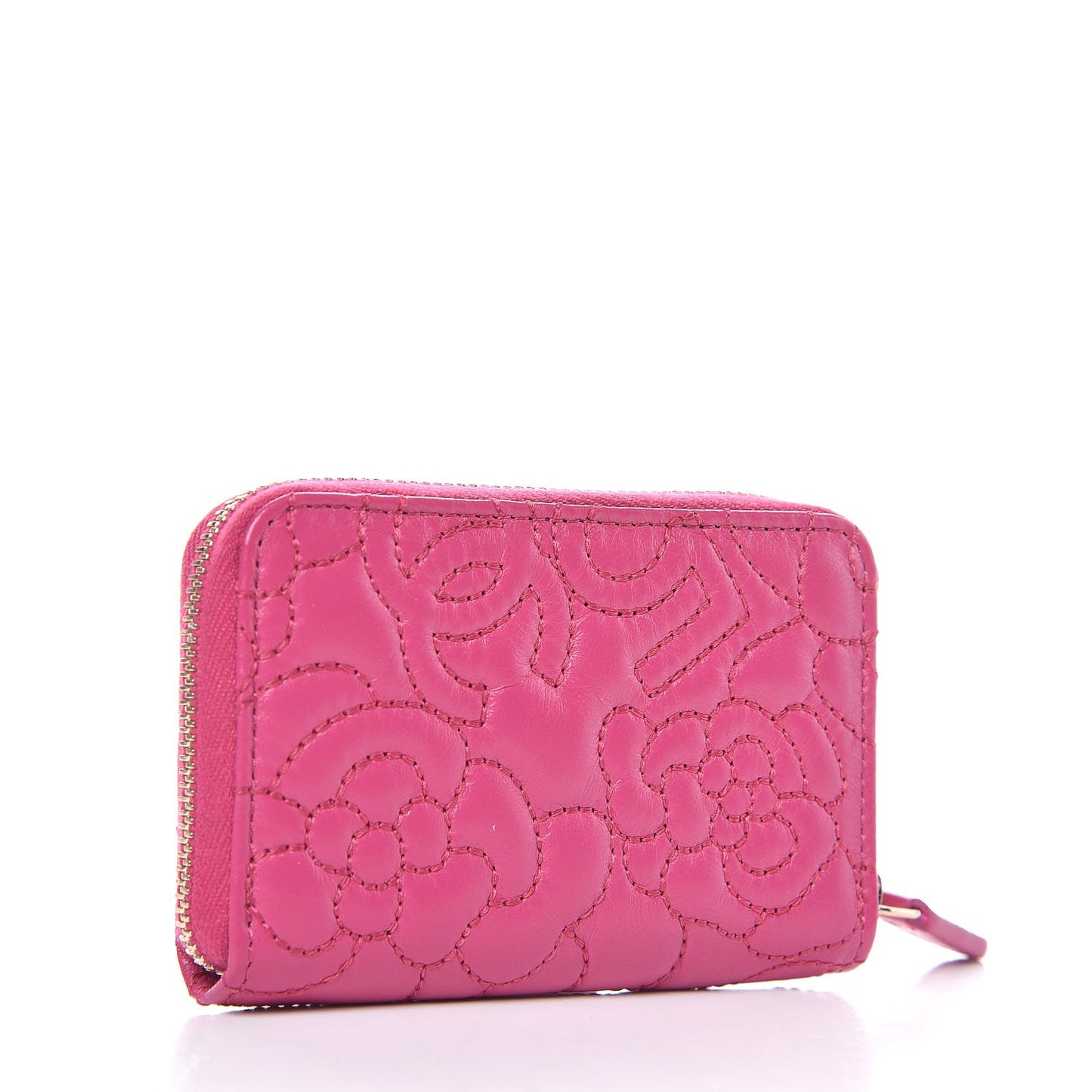 Lambskin Camellia Embossed Zip Coin Purse Pink