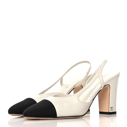 Chanel Lambskin Grosgrain Cap Toe CC Slingback Pumps 39.5 White Black 4 of 11