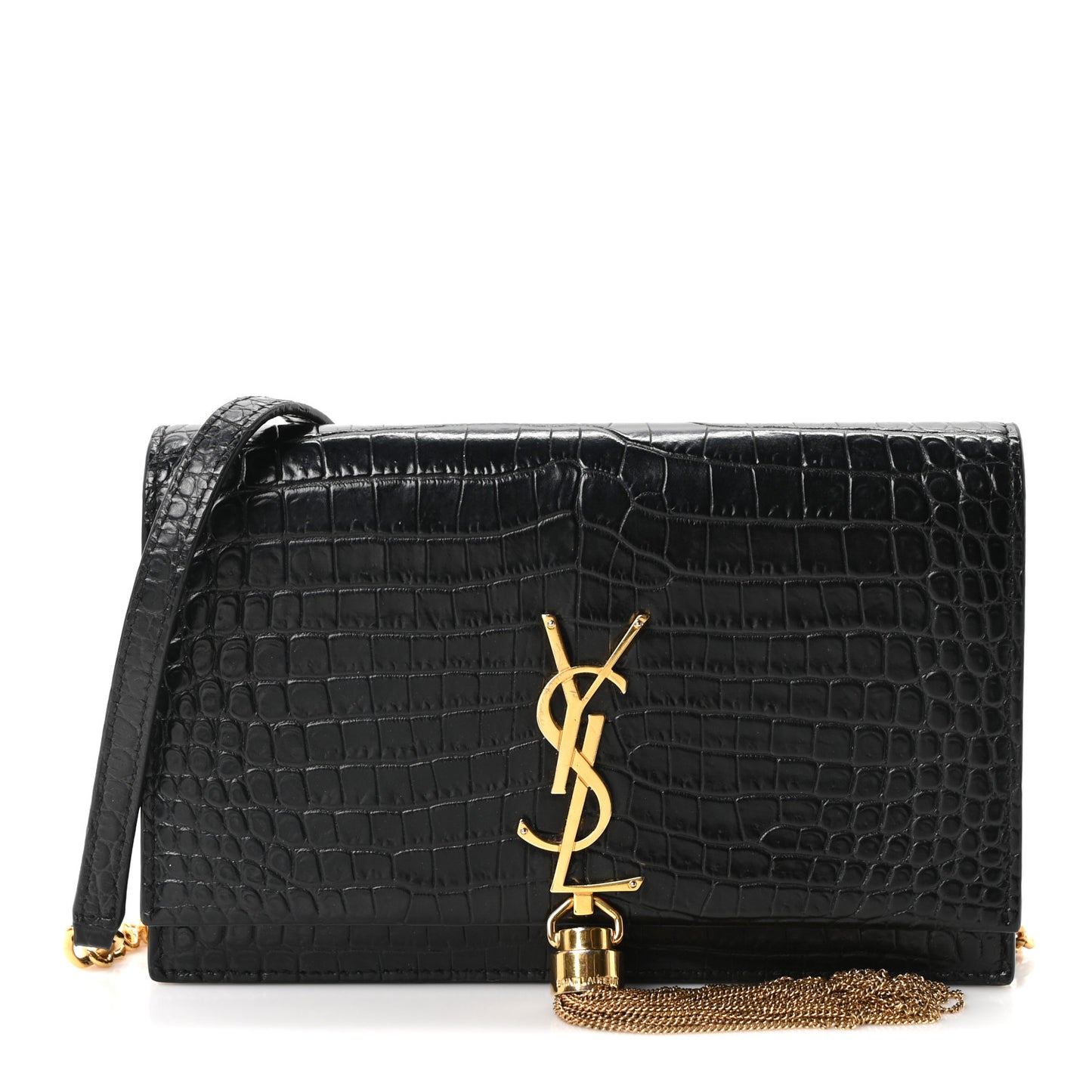 Calfskin Crocodile Embossed Kate Monogram Tassel Chain Wallet Black