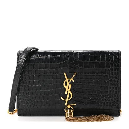 Saint Laurent Calfskin Crocodile Embossed Kate Monogram Tassel Chain Wallet Black 1 of 9