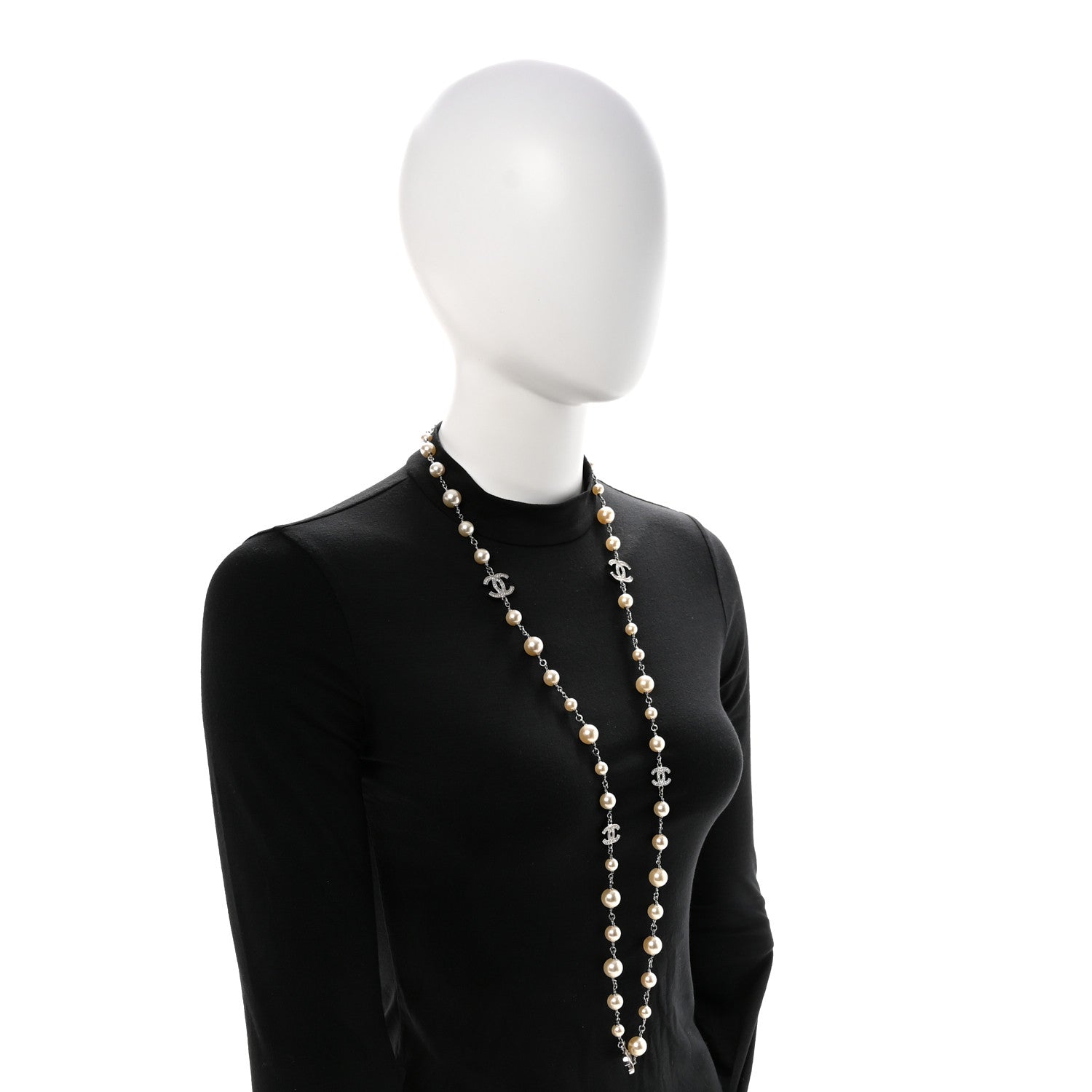 Chanel Graduated Pearl Crystal CC Long Necklace Silver 2 of 5