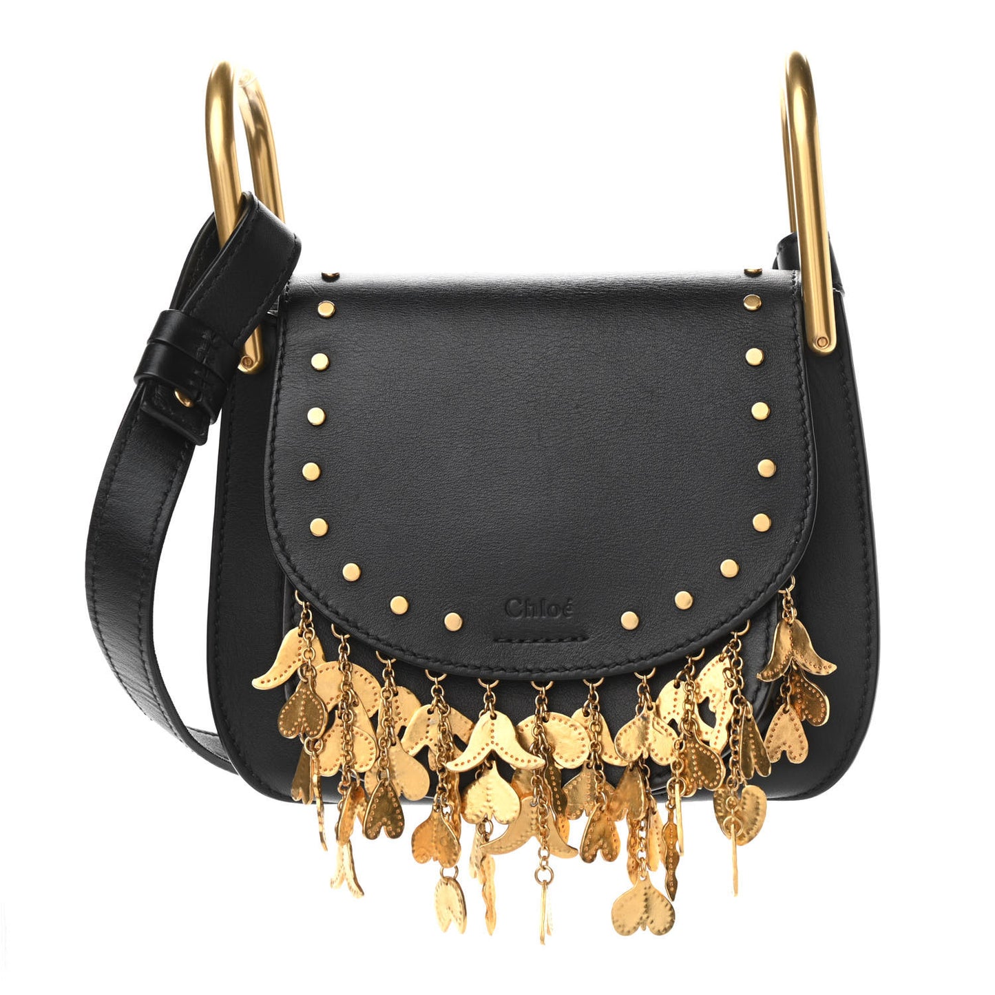 Calfskin Studded Charm Fringe Mini Hudson Crossbody Bag Black