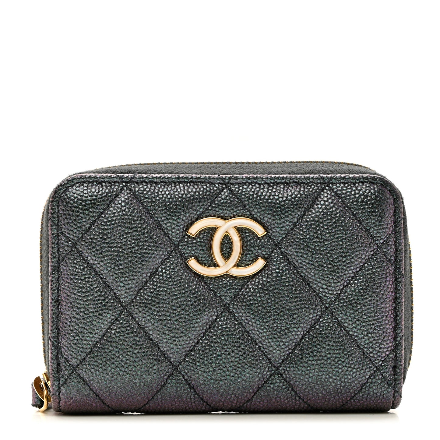 Iridescent Caviar Quilted Zip Coin Purse Black