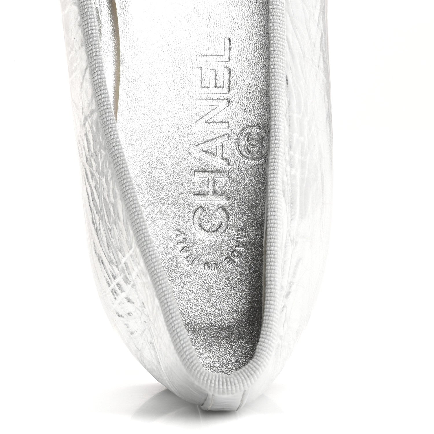 Chanel Laminated Crumpled Lambskin Grosgrain Cap Toe CC Ballerina Flats 39.5 Silver Black 8 of 12