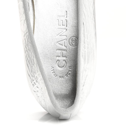 Chanel Laminated Crumpled Lambskin Grosgrain Cap Toe CC Ballerina Flats 39.5 Silver Black 8 of 12