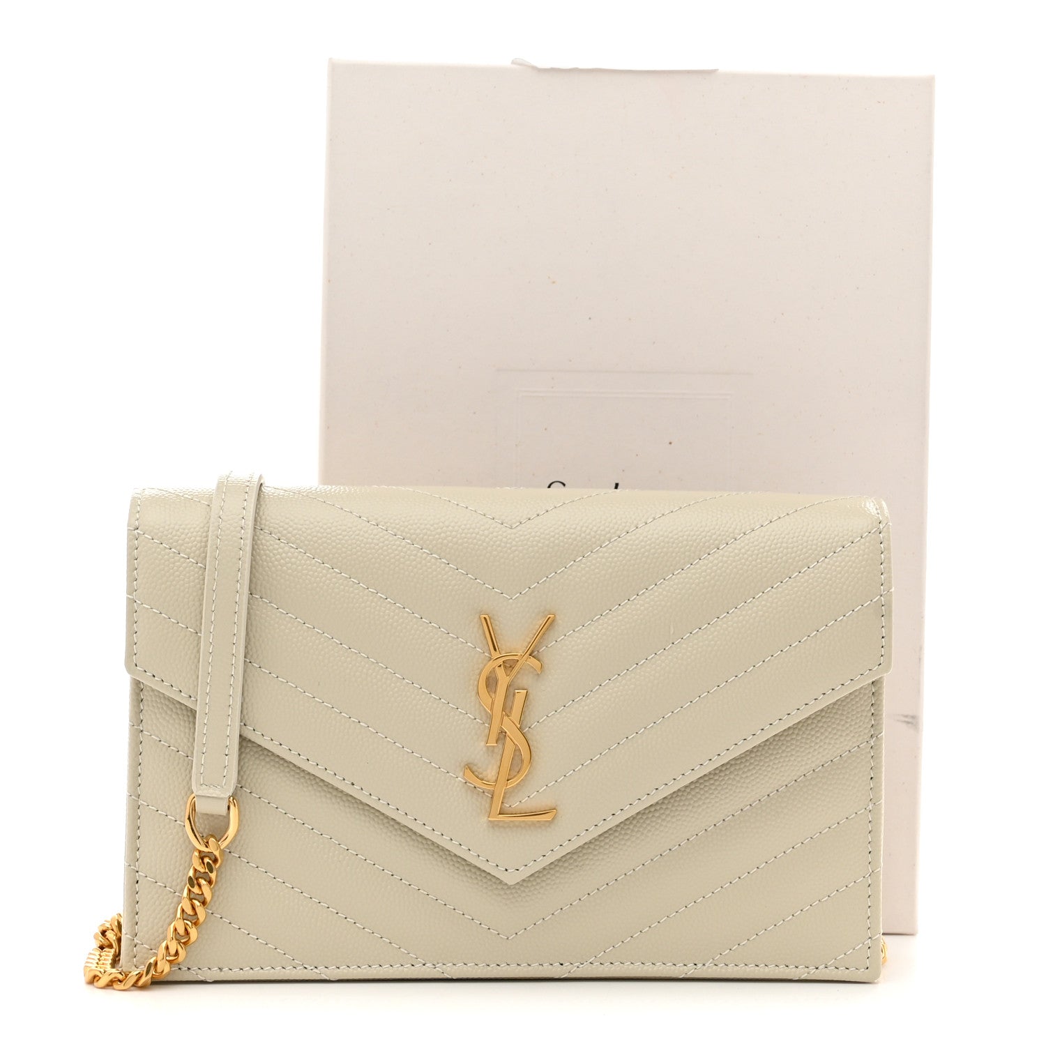 Saint Laurent Grain De Poudre Matelasse Chevron Monogram Envelope Chain Wallet Crema Soft 11 of 11