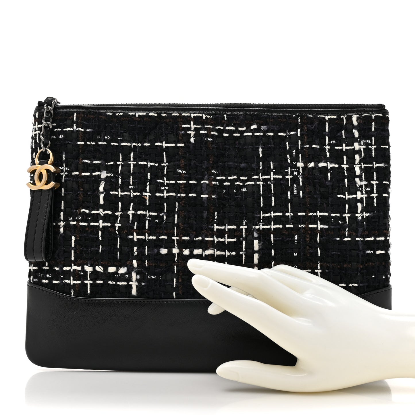 Tweed Calfskin Quilted Medium Cosmetic Pouch Black White