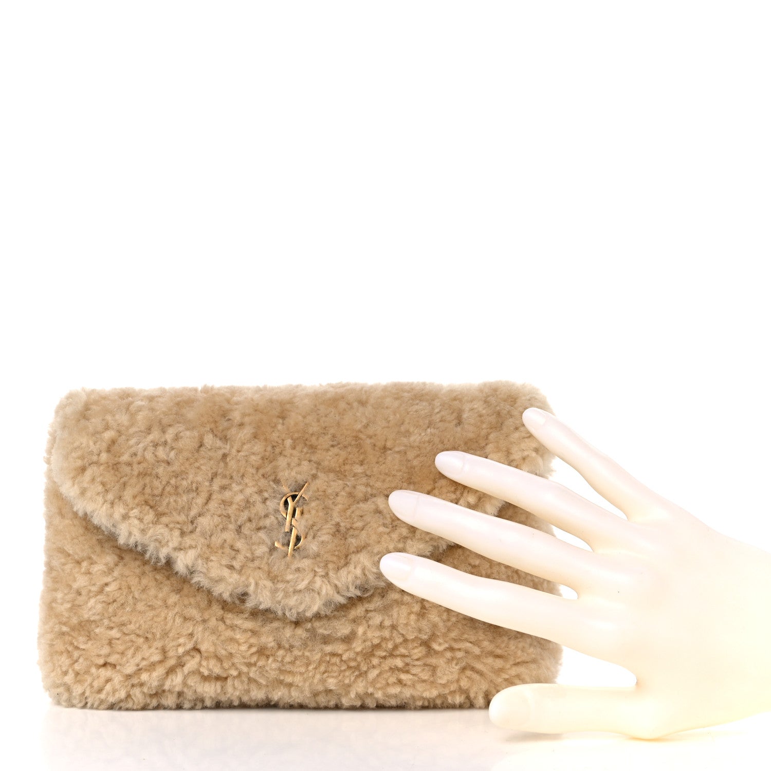 Saint Laurent Shearling Quilted Monogram Loulou Puffer Pouch Clutch Natural Beige Brick 3 of 10