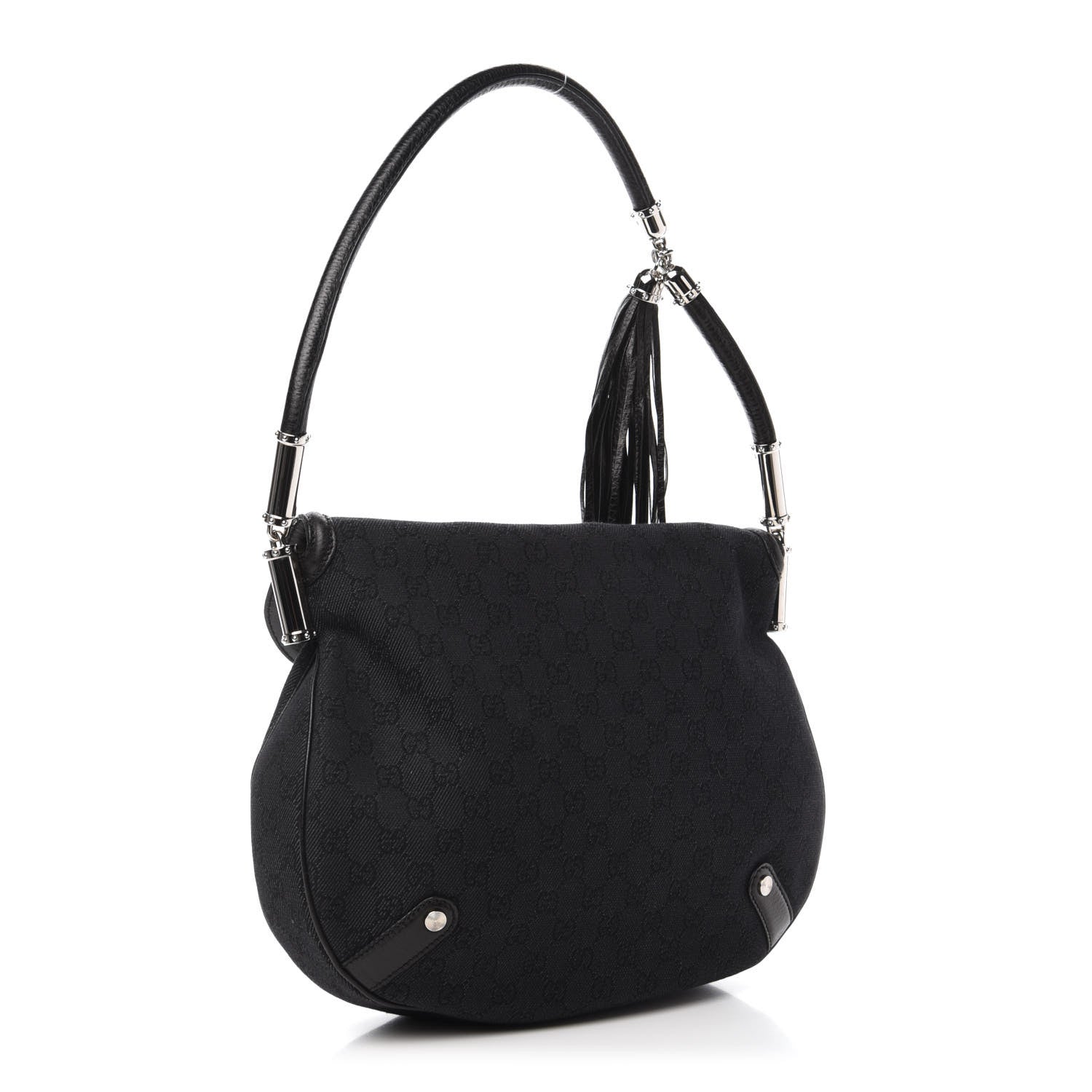 Gucci Denim Monogram Britt Tassel Shoulder Bag Black 3 of 10