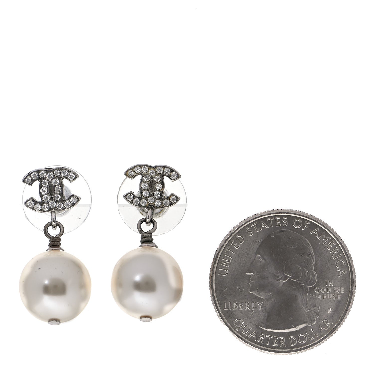 Chanel Crystal Pearl CC Drop Earrings Silver 2 of 4