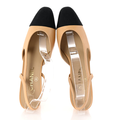 Chanel Goatskin Grosgrain Cap Toe CC Slingback Pumps 37 Beige Black 2 of 10