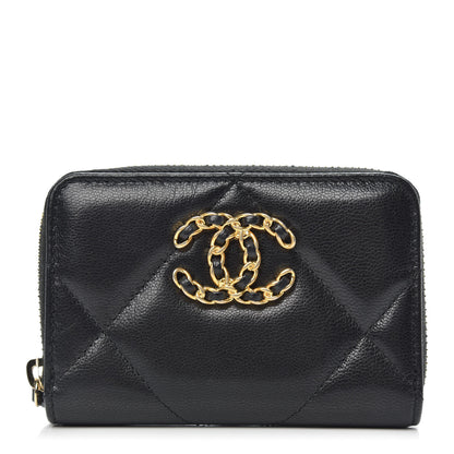 Chanel Shiny Goatskin Quilted Chanel 19 Zip Around Coin Purse Wallet Black 1 of 9