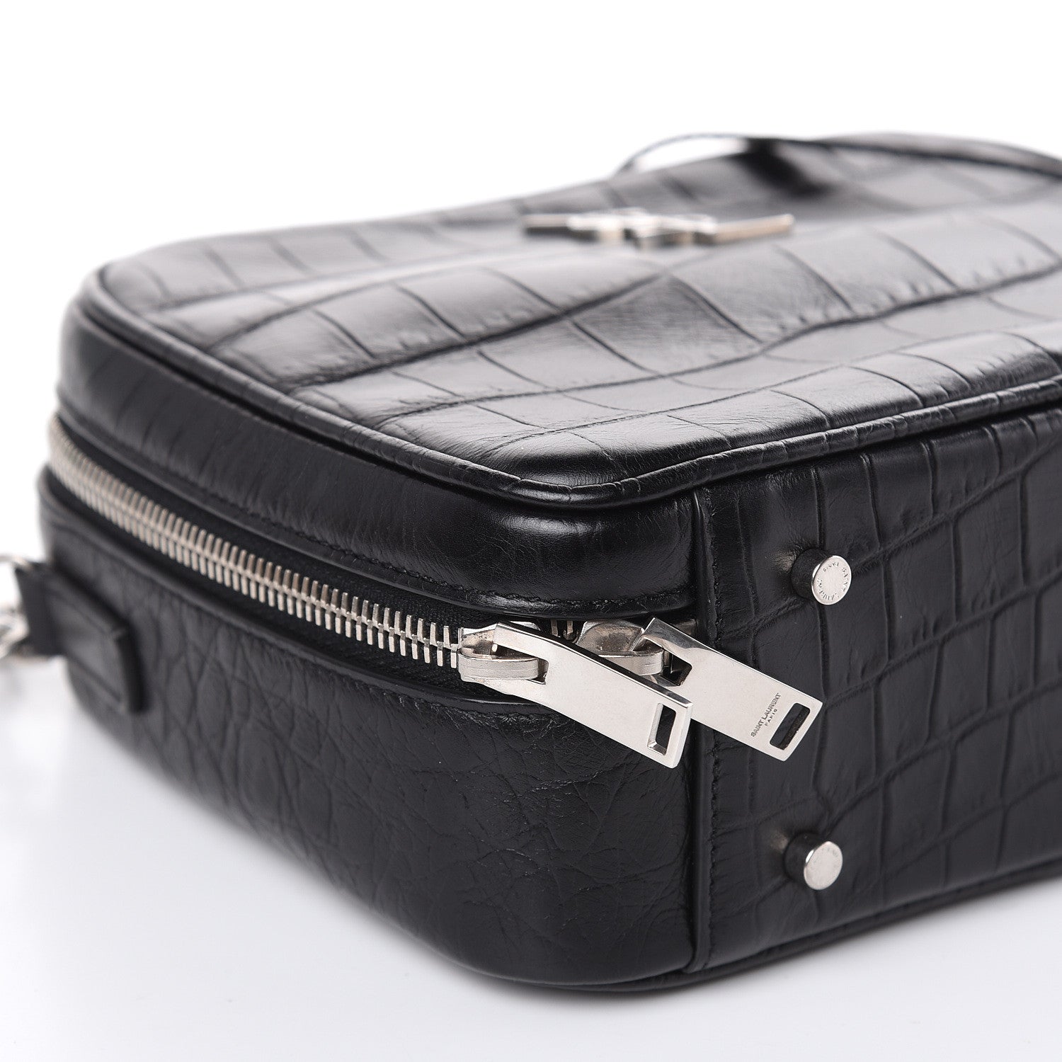 Saint Laurent Calfskin Crocodile Embossed Monogram Lunch Box Bag Black 7 of 10