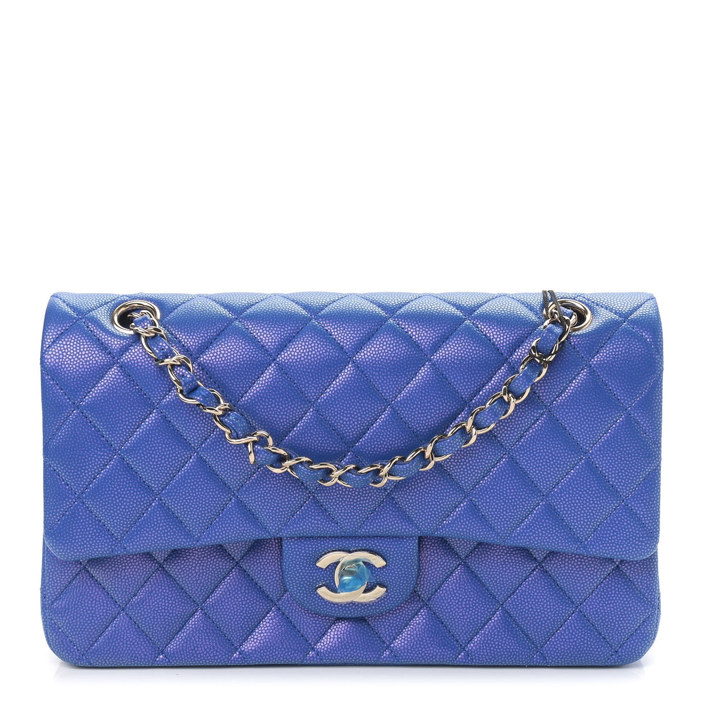 Iridescent Caviar Quilted Medium Double Flap Blue