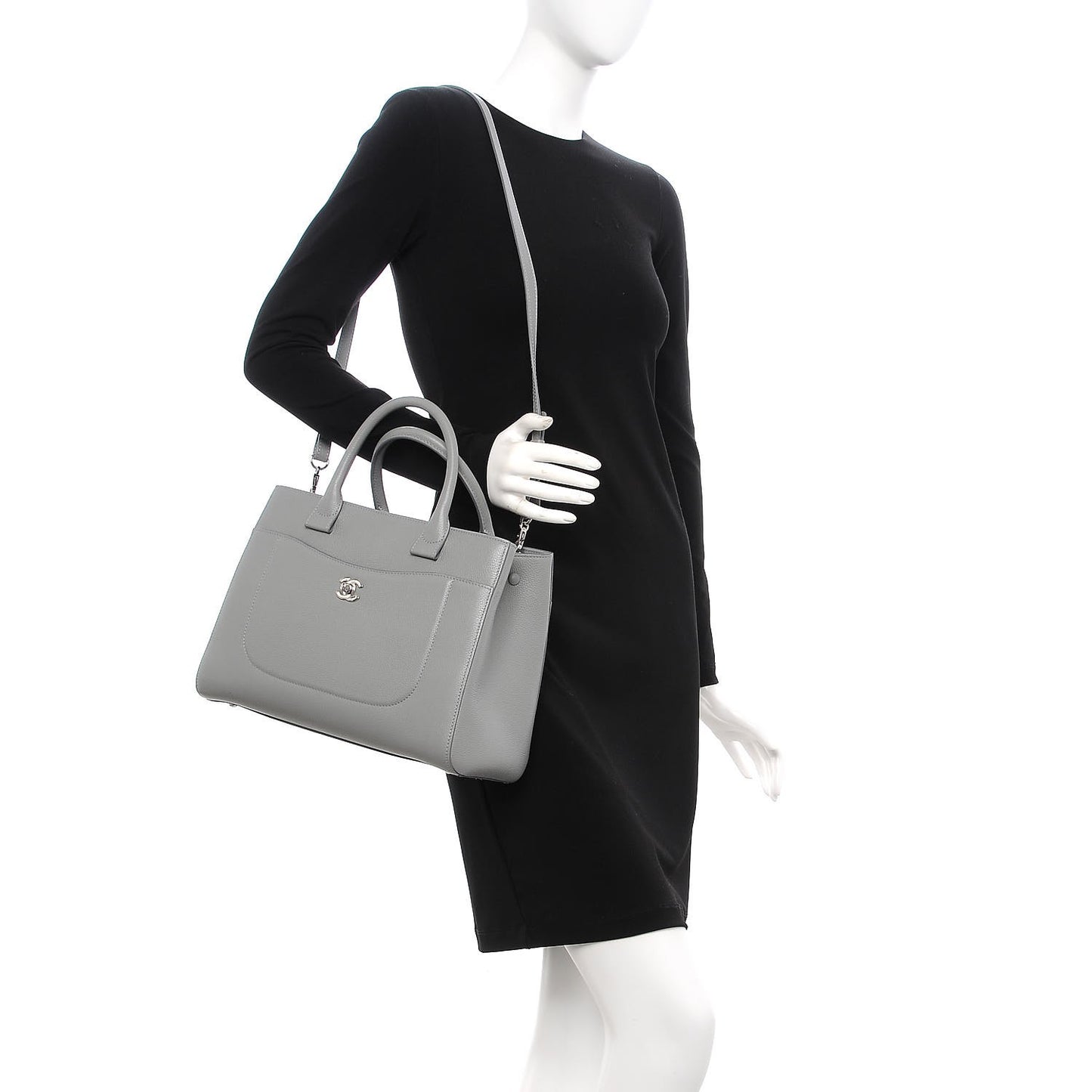 Grained Calfskin Small Neo Executive Shopper Tote Grey