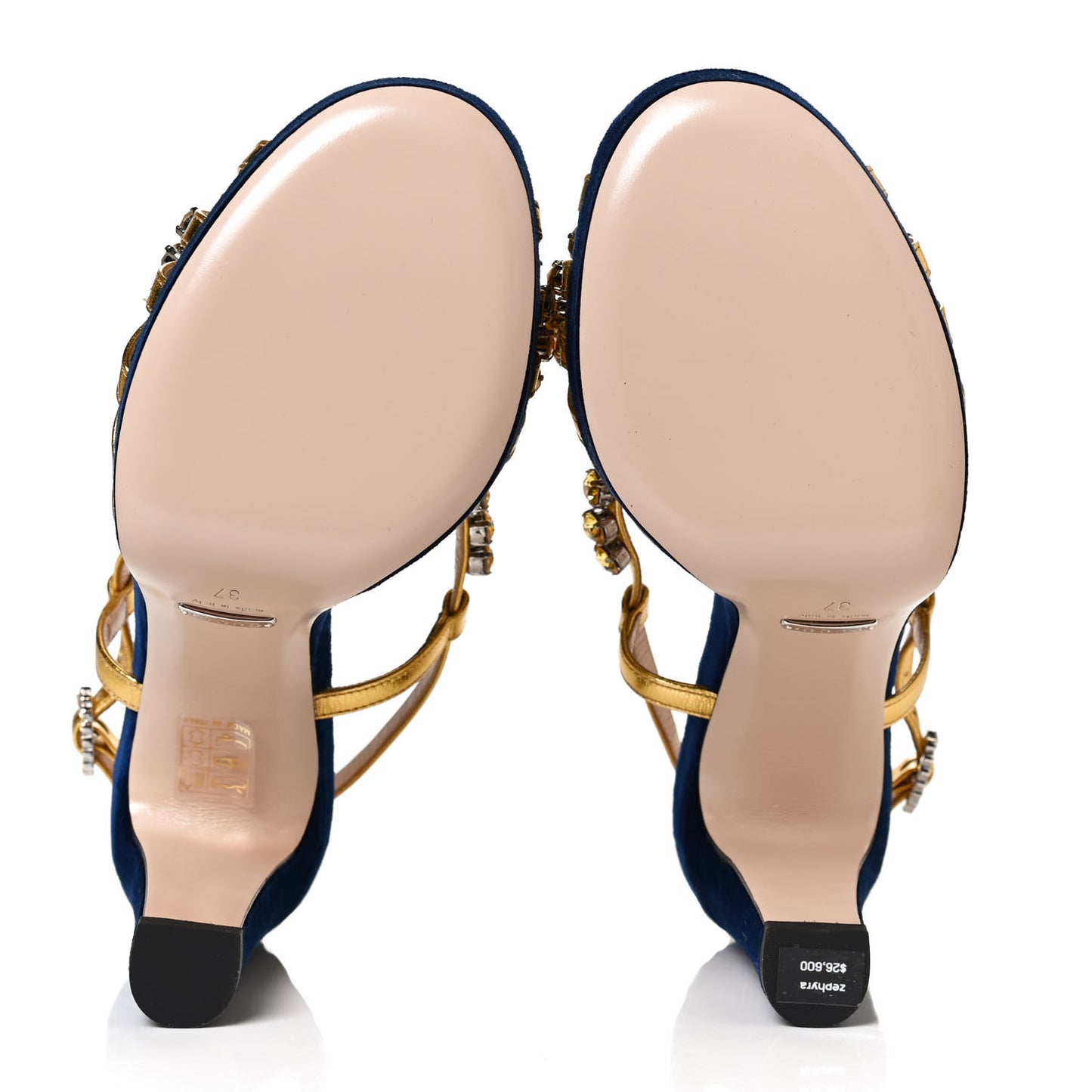 Velvet Nappa Crystal Zephyra Slingback Platform High Heel Sandals 37 Blue Gold