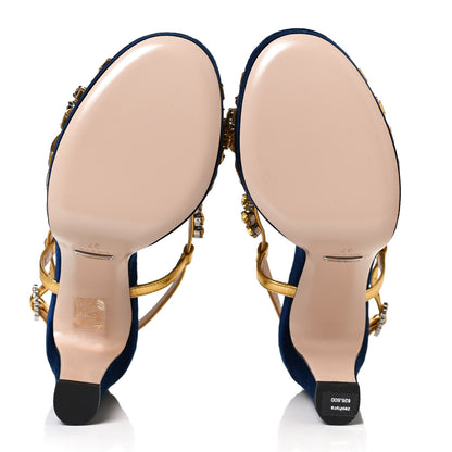 Gucci Velvet Nappa Crystal Zephyra Slingback Platform High Heel Sandals 37 Blue Gold 5 of 9