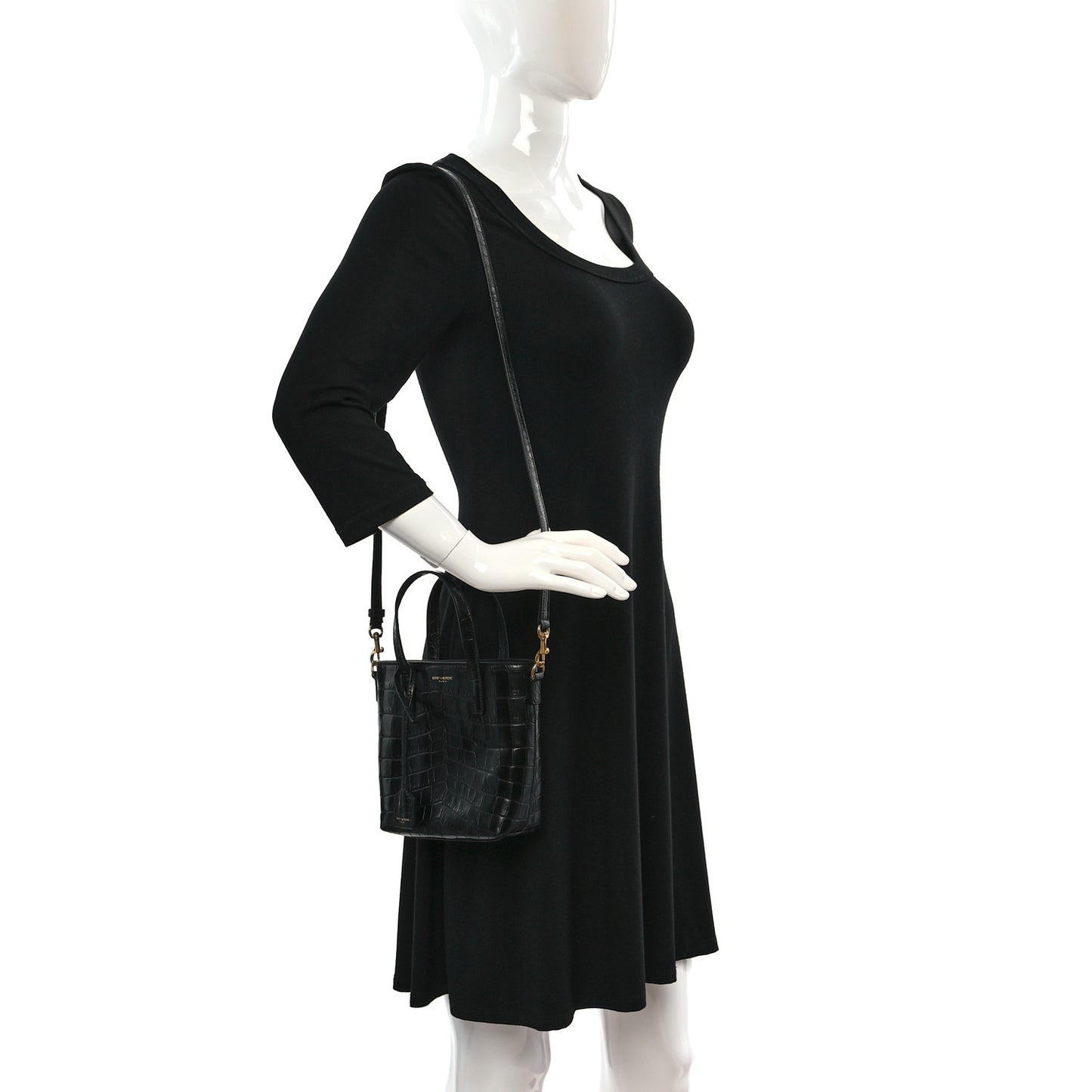 Calfskin Crocodile Embossed Paris Mini Toy Shopper Tote Black