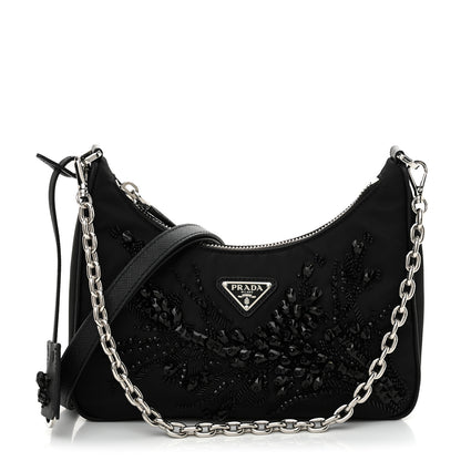 Prada Tessuto Nylon Saffiano Beaded Mini Re-Edition 2000 Shoulder Bag Black 1 of 9