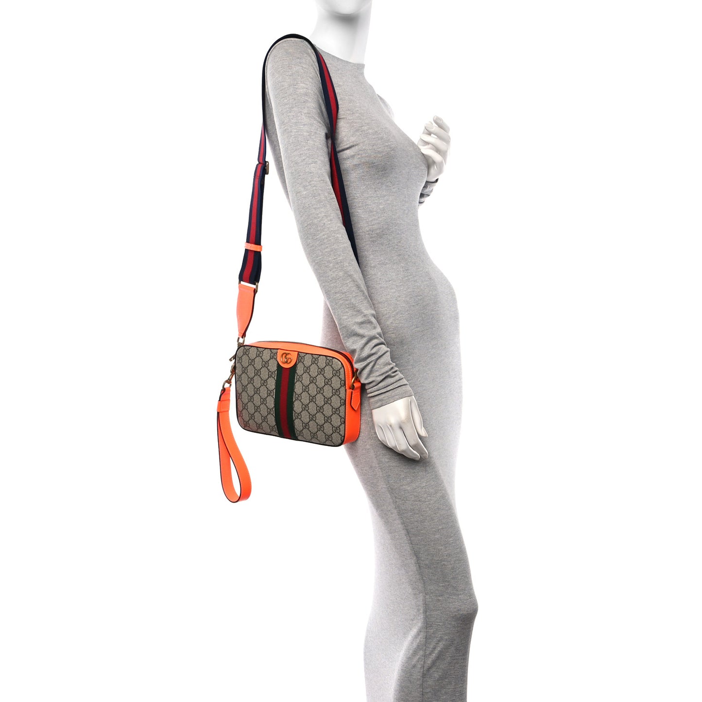 GG Supreme Monogram Textured Dollar Calfskin Web Ophidia Wristlet Shoulder Bag Beige Ebony Orange