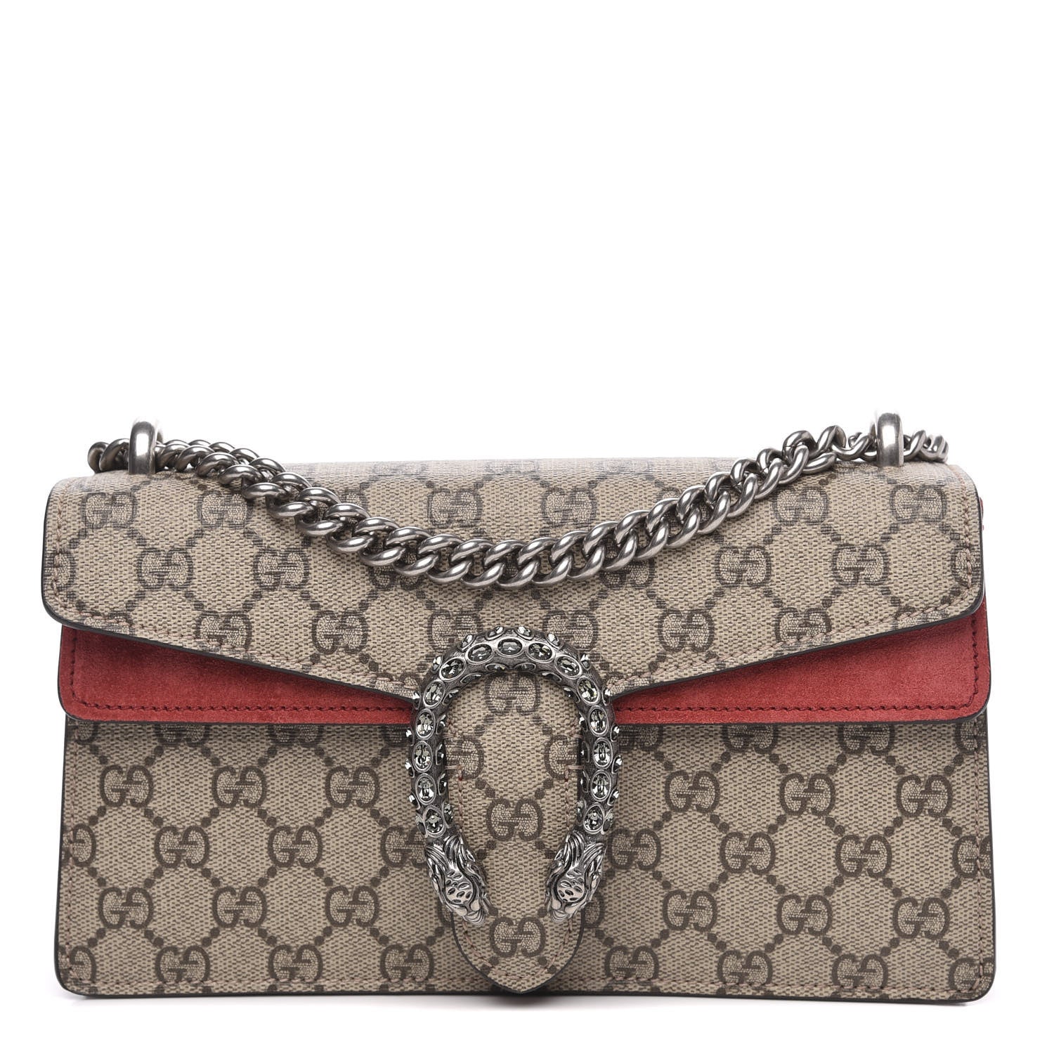 Gucci GG Supreme Monogram Suede Crystal Small Dionysus Shoulder Bag Beige Ebony Vulcanic Red 1 of 11