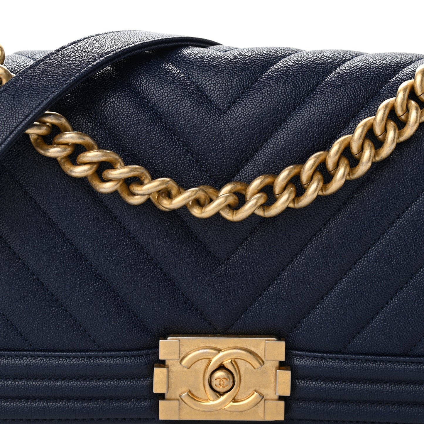 Caviar Chevron Quilted Medium Boy Flap Navy