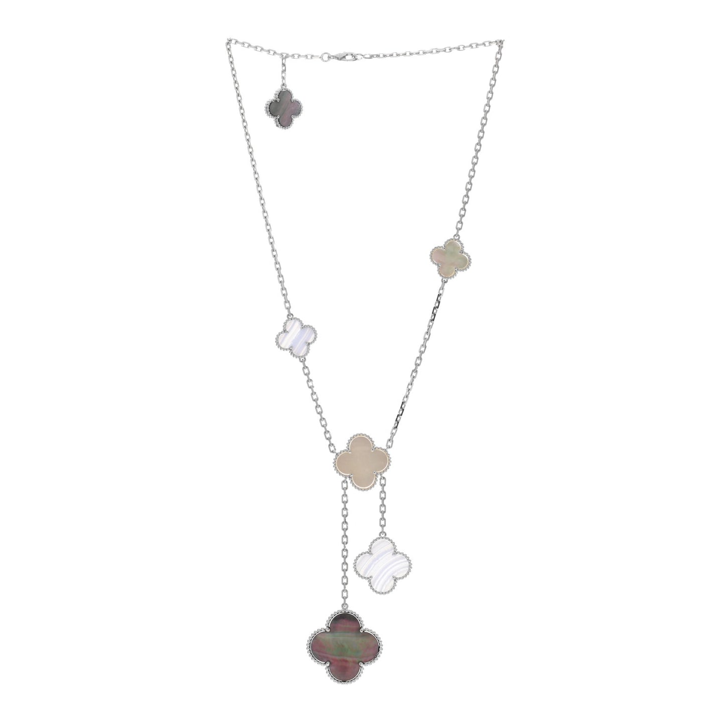 18K White Gold Mother of Pearl Chalcedony 6 Motifs Magic Alhambra Necklace