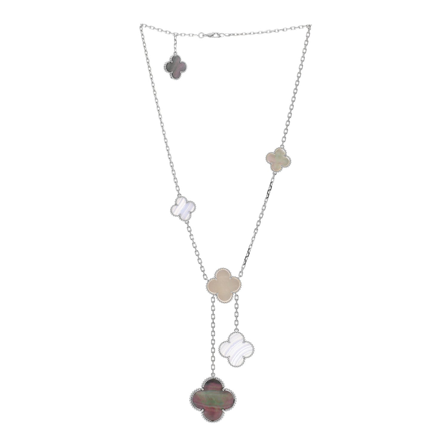 Van Cleef & Arpels 18K White Gold Mother of Pearl Chalcedony 6 Motifs Magic Alhambra Necklace 2 of 4