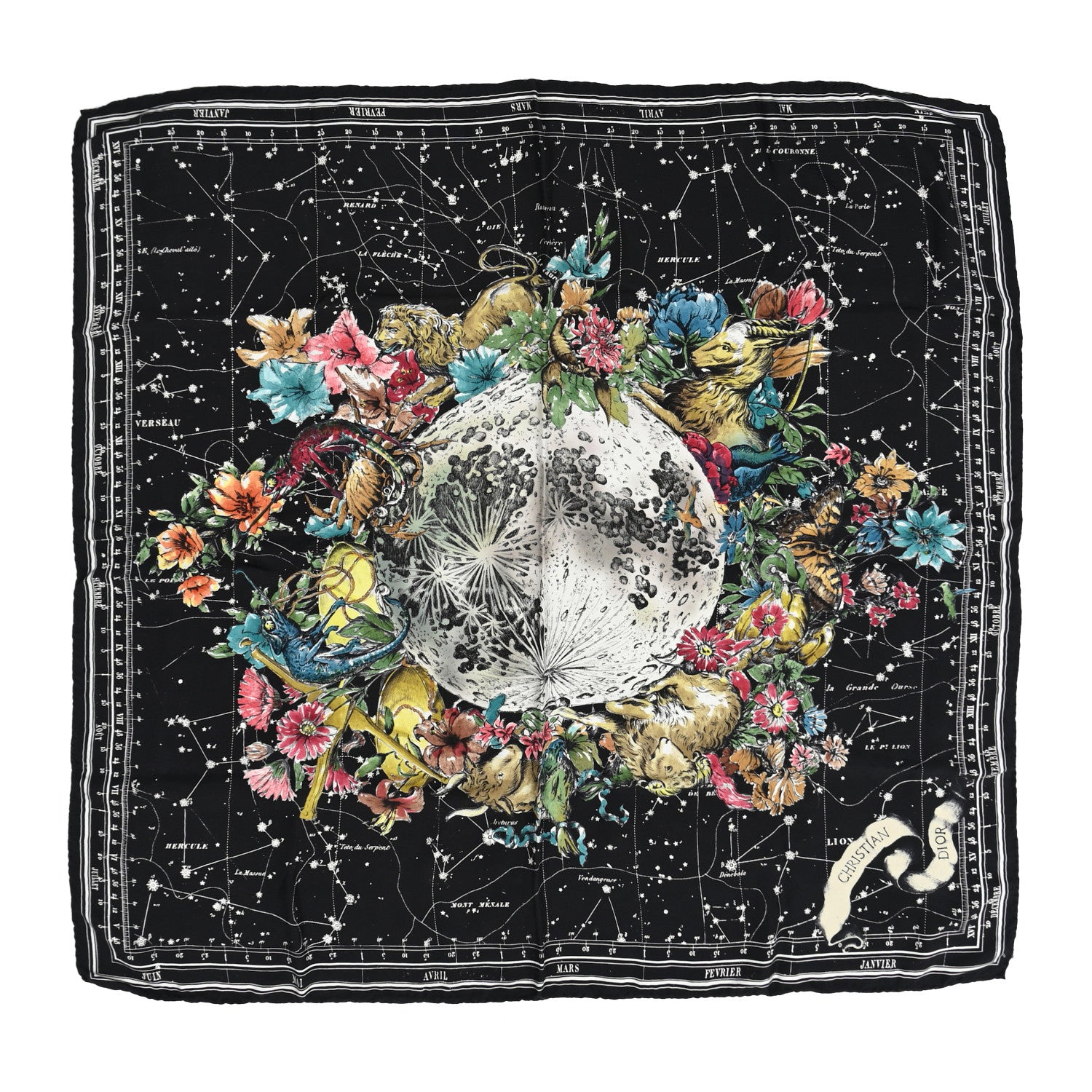Christian Dior Silk Zodiac Print Square Scarf 90 Black Multicolor 1 of 7