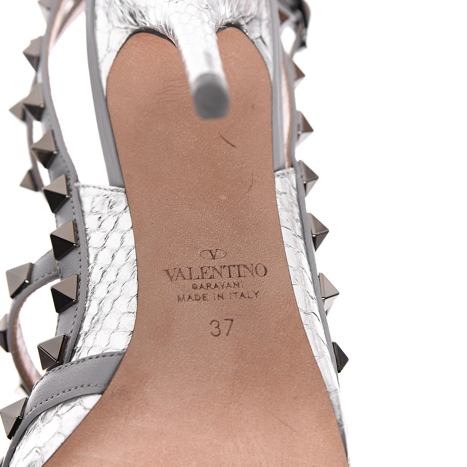 Valentino Garavani Metallic Watersnake Rockstud Ankle Strap 100mm Pumps 37 Silver Pastel Grey 7 of 9