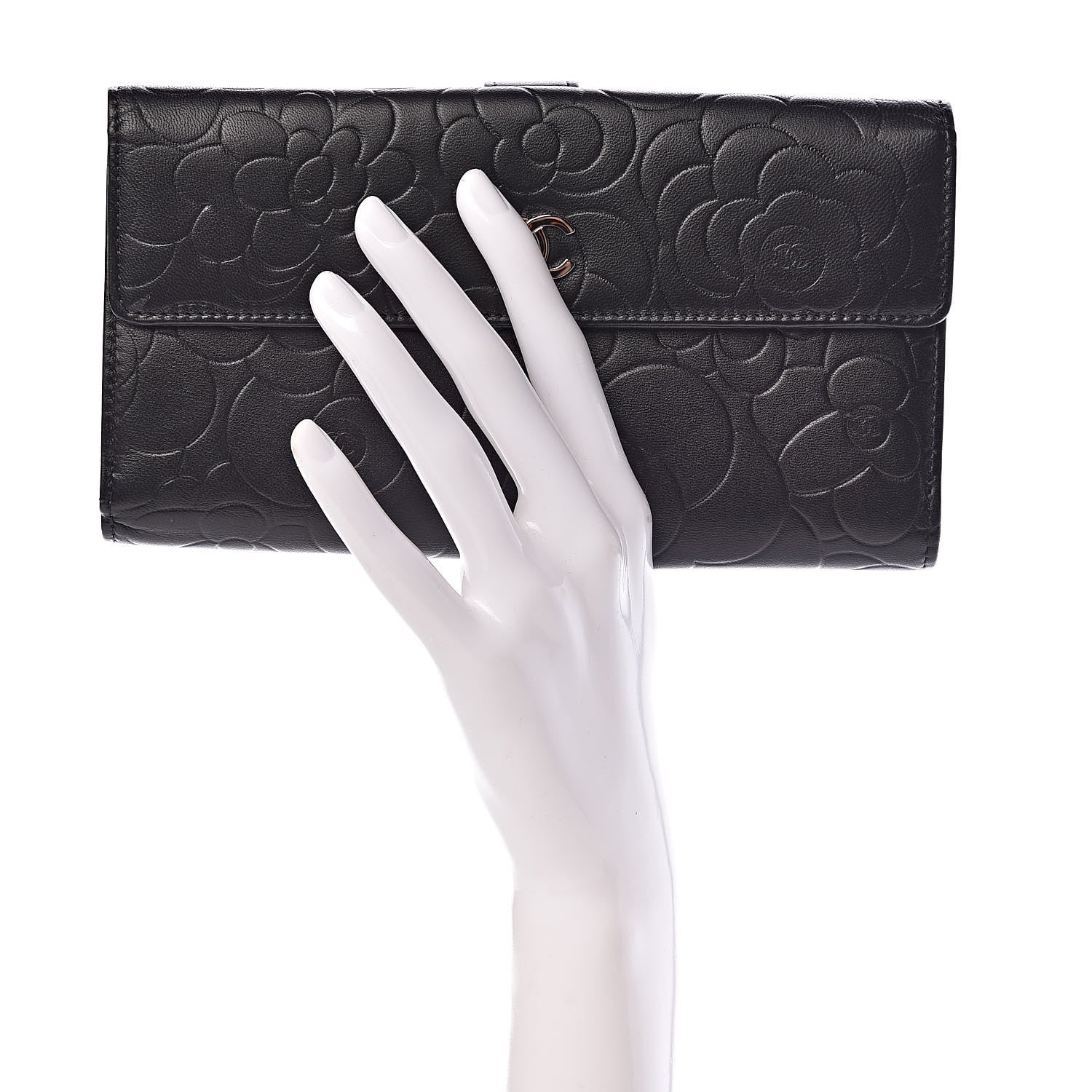 Chanel Lambskin Camellia Embossed Long Double Wallet Black 2 of 9