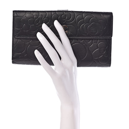 Chanel Lambskin Camellia Embossed Long Double Wallet Black 2 of 9