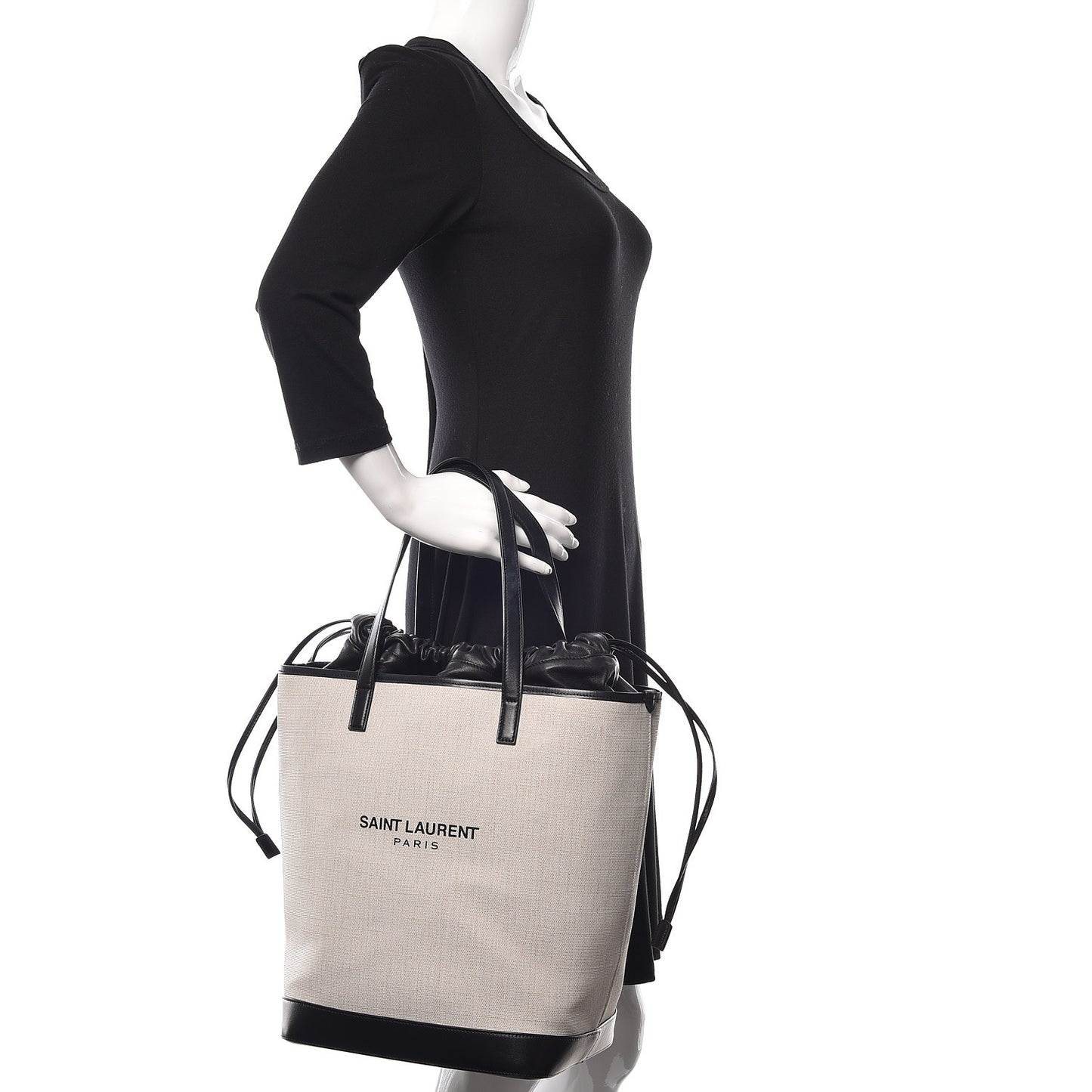 Canvas Calfskin Teddy Drawstring Shopping Tote White Black