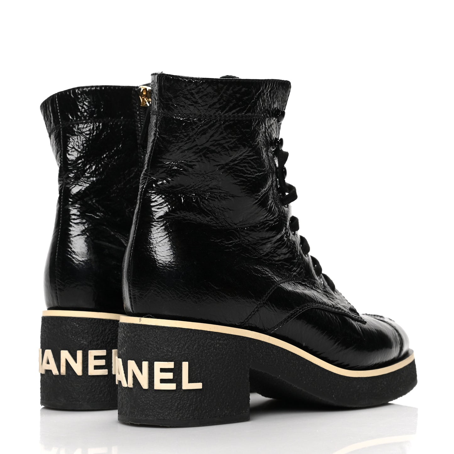 Shiny Crumpled Lambskin Lace Up Combat Boots 37.5 Black
