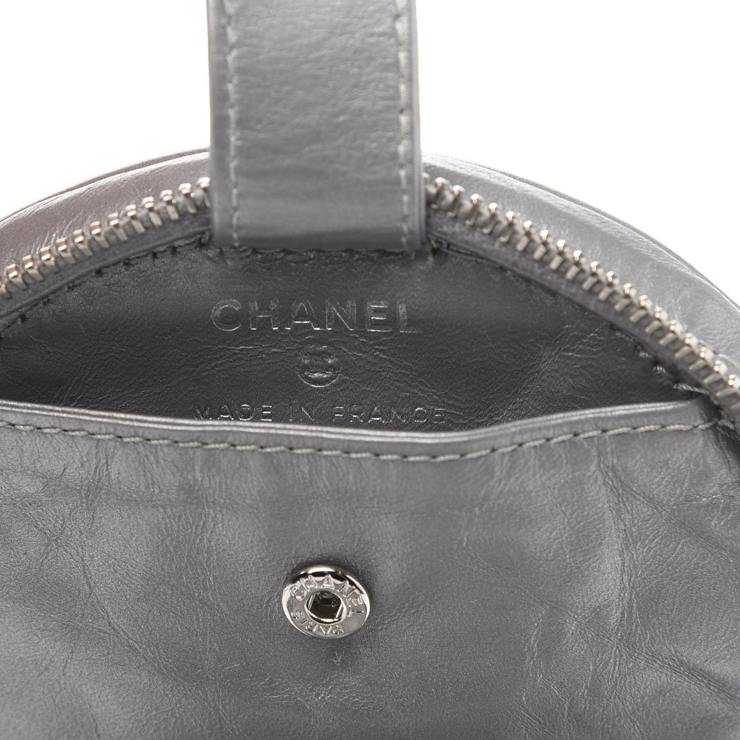 Metallic Aged Calfskin Quilted Round Bag Silver