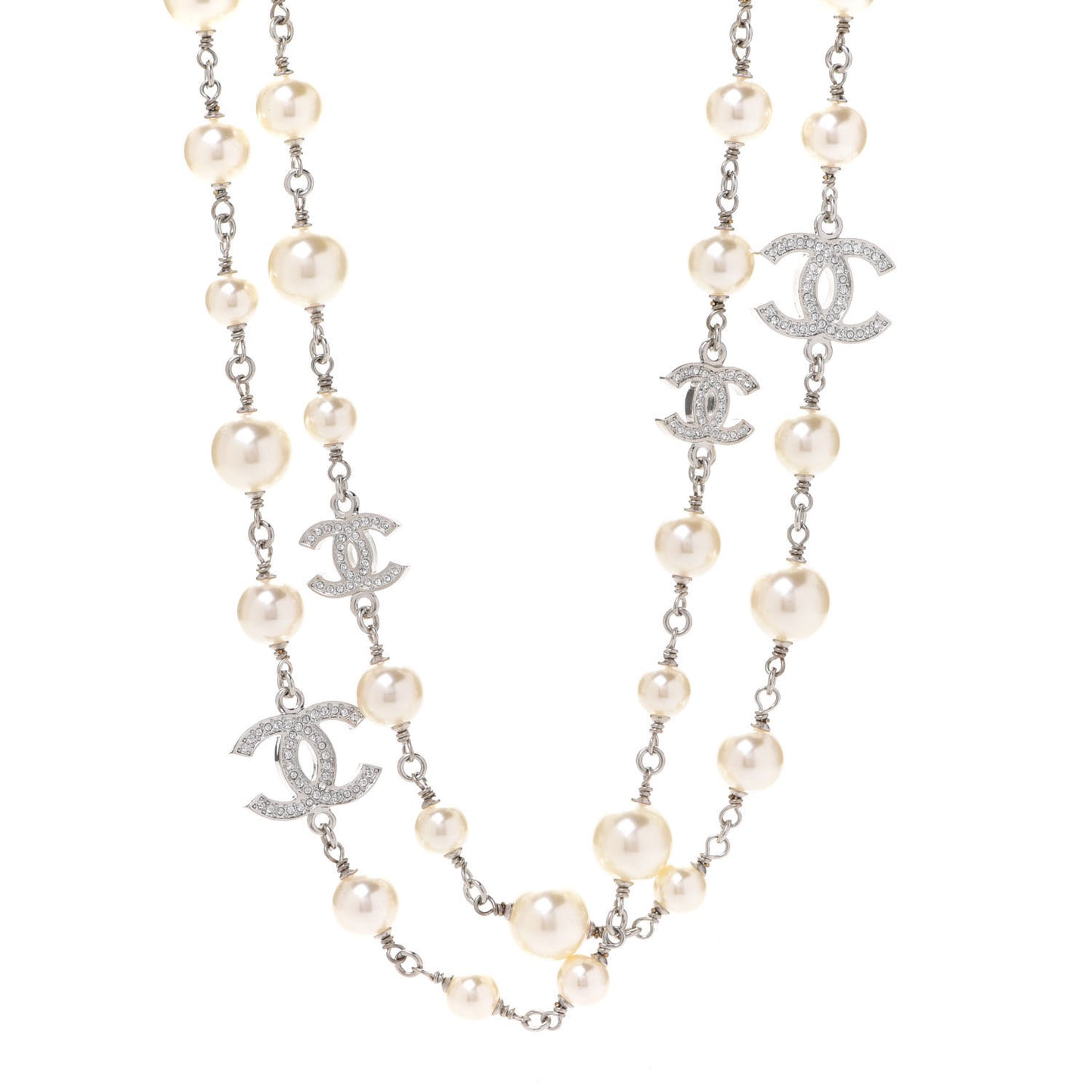 Crystal Pearl CC Long Necklace Silver